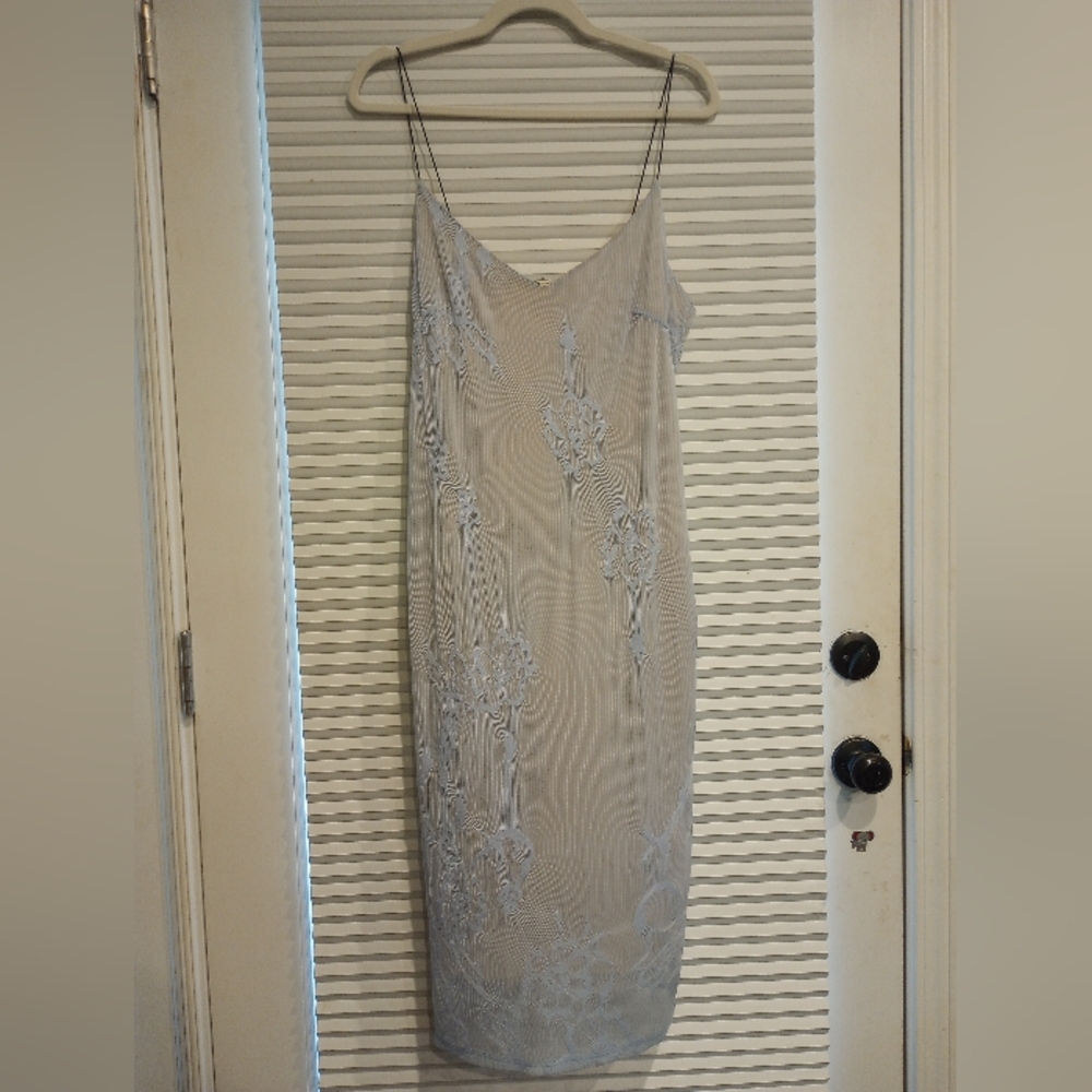 Charlotte Russe Baby Blue Lace Midi Slip Dress with beige slip